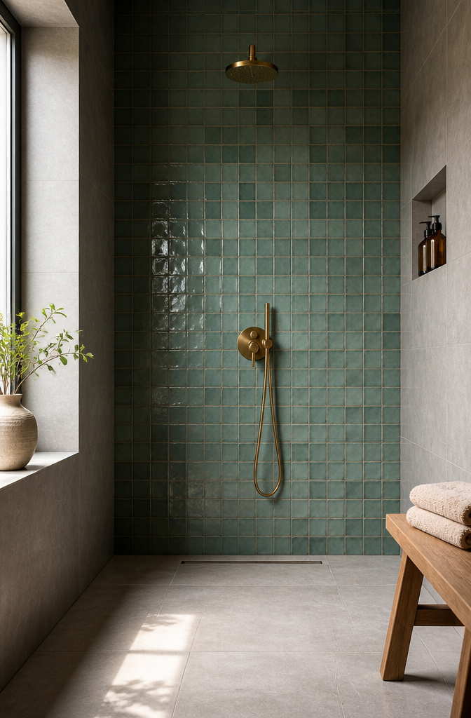 Zellige tiles with color variations line the back wall of a shower niche.