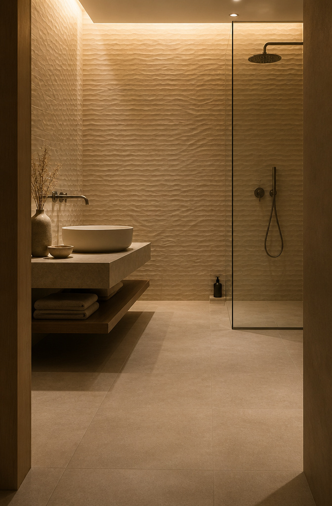 Dynamic textured tiles with a three-dimensional surface in a modern bathroom.