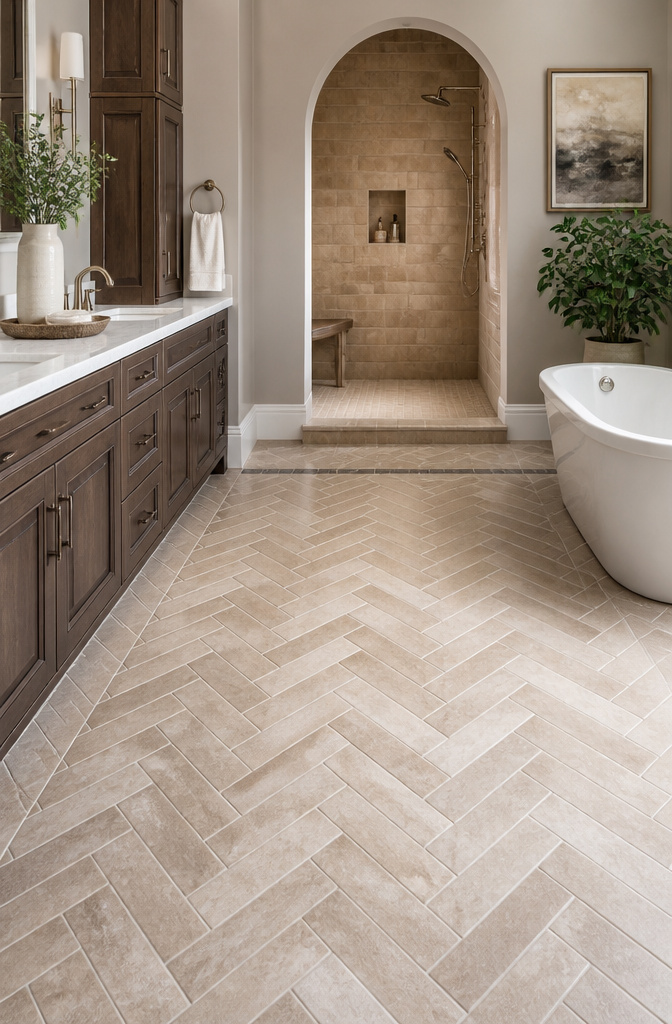 Beige tiles arranged in a herringbone pattern on the bathroom floor.