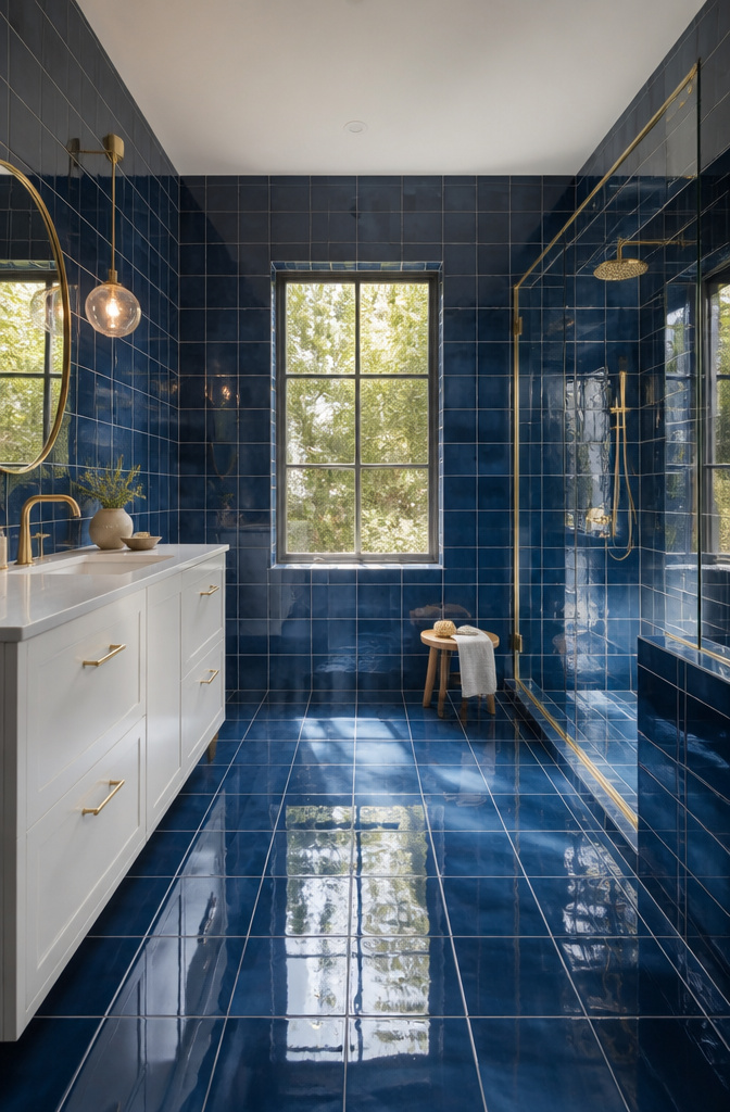 Bathroom with walls and floor in a rich ocean blue color.