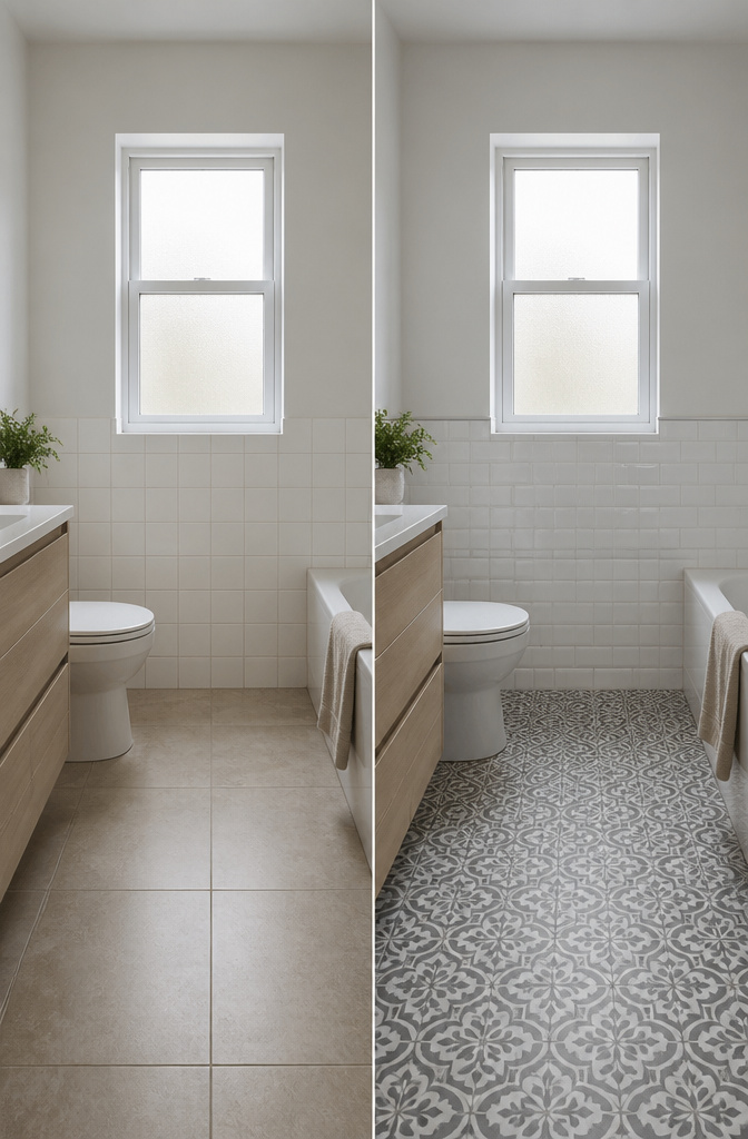 Large format floor tiles paired with wall materials in a bathroom.