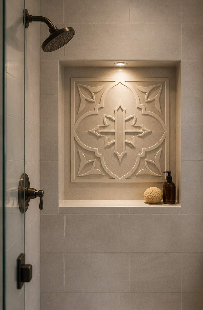 Decorative tile with a raised cross pattern in a bathroom.