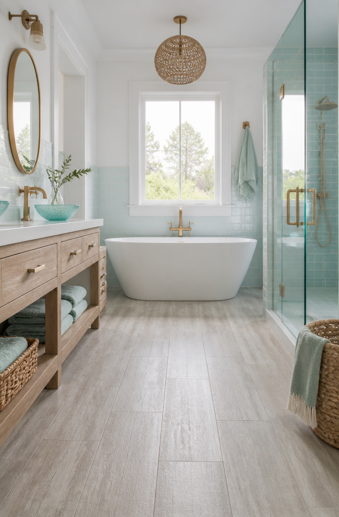 Bathroom with aqua and beige tones resembling coastal decor.