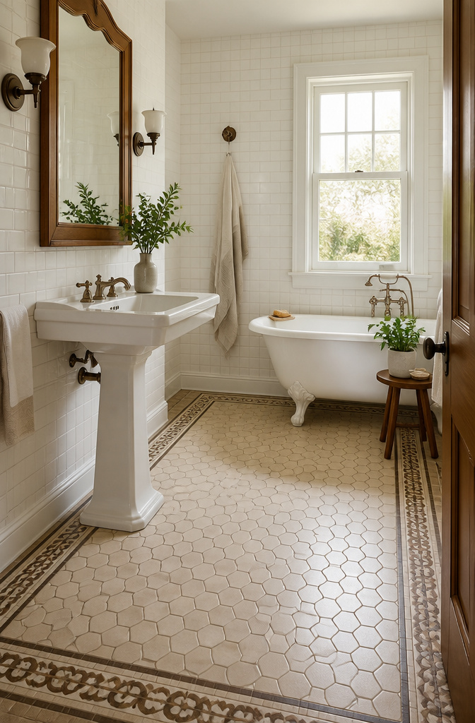 Warm beige hexagon tiles with vintage borders on the bathroom floor.