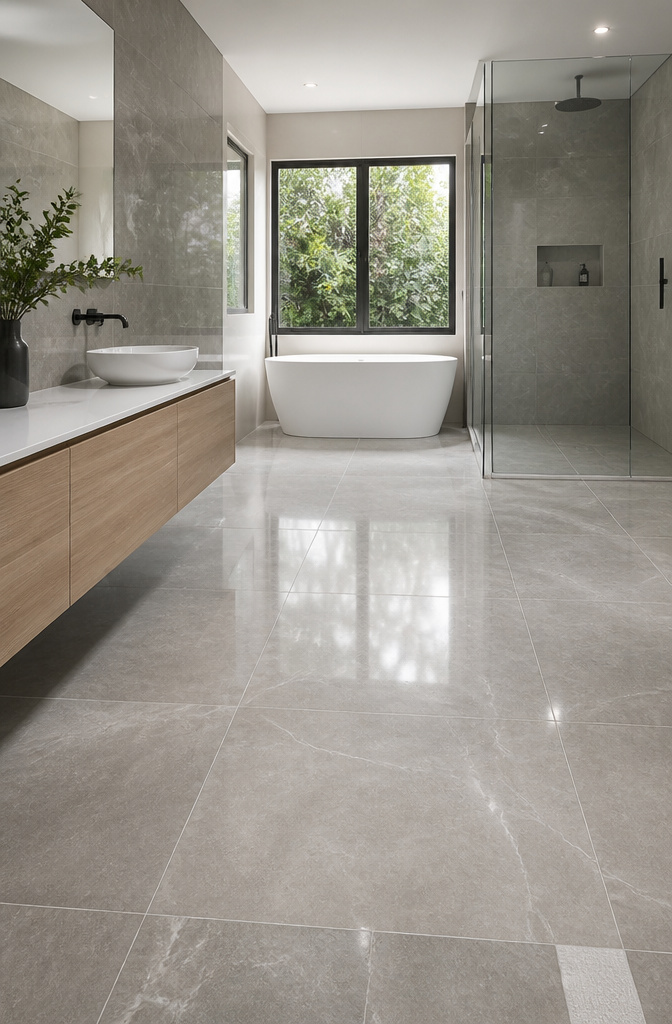 Large format gray tiles laid across the floor in a compact bathroom.