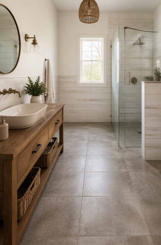 Bathroom featuring shiplap-look tiles and concrete-look floor tiles.