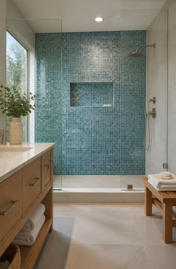 Mosaic tiles in sea-glass blue colors form an accent wall in the bathroom.
