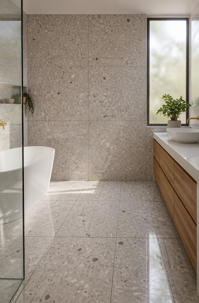 Terrazzo tiles in muted shades on a statement wall and floor.
