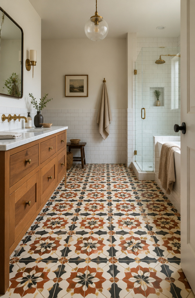 Colorful encaustic tiles with geometric patterns on the bathroom floor.