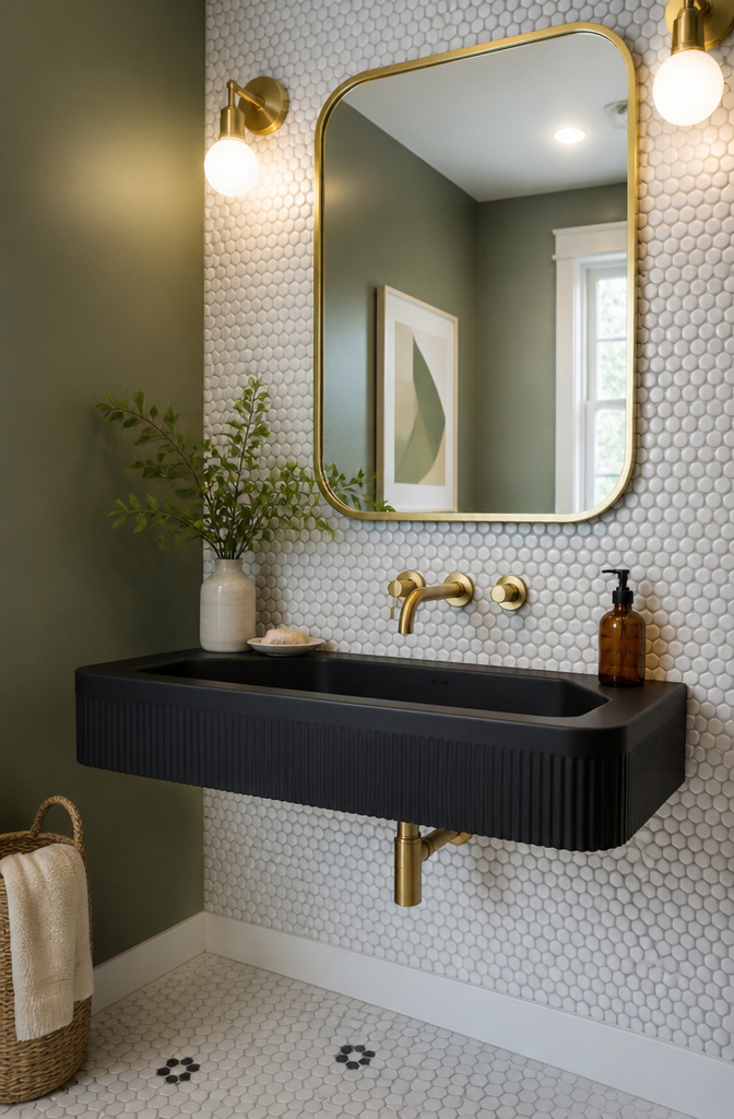 White penny round tiles create an accent wall above a black sink.