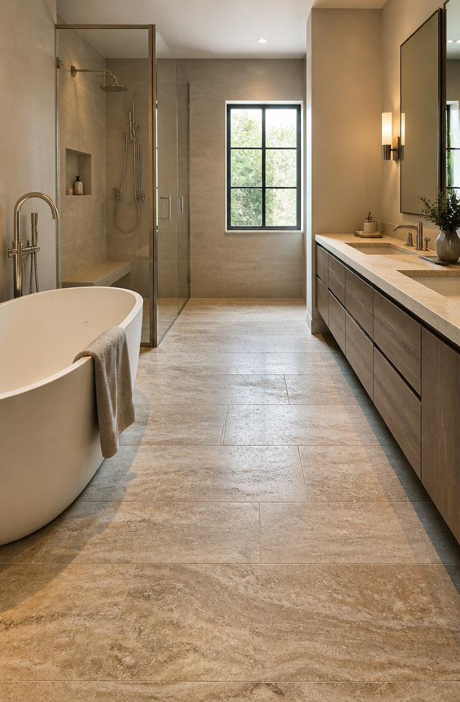 Travertine tiles with natural variations on the bathroom floor.