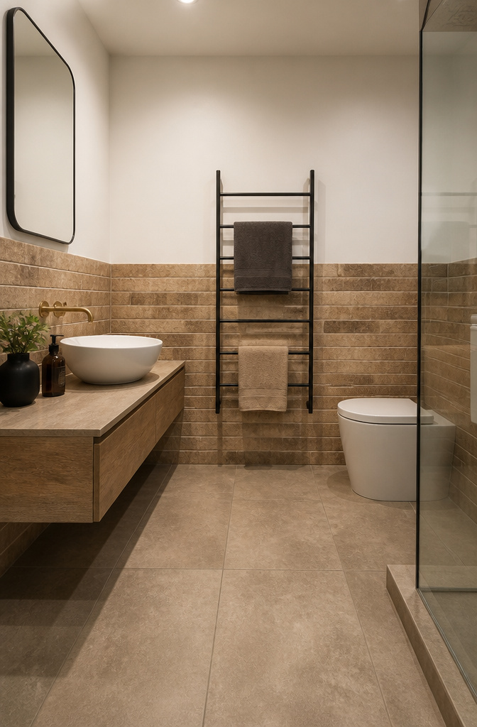 Porcelain tiles designed to look like brick cover the lower wall.