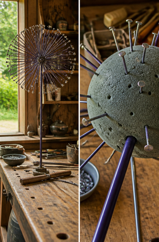 A hand placing flat-head nails into a painted foam ball.