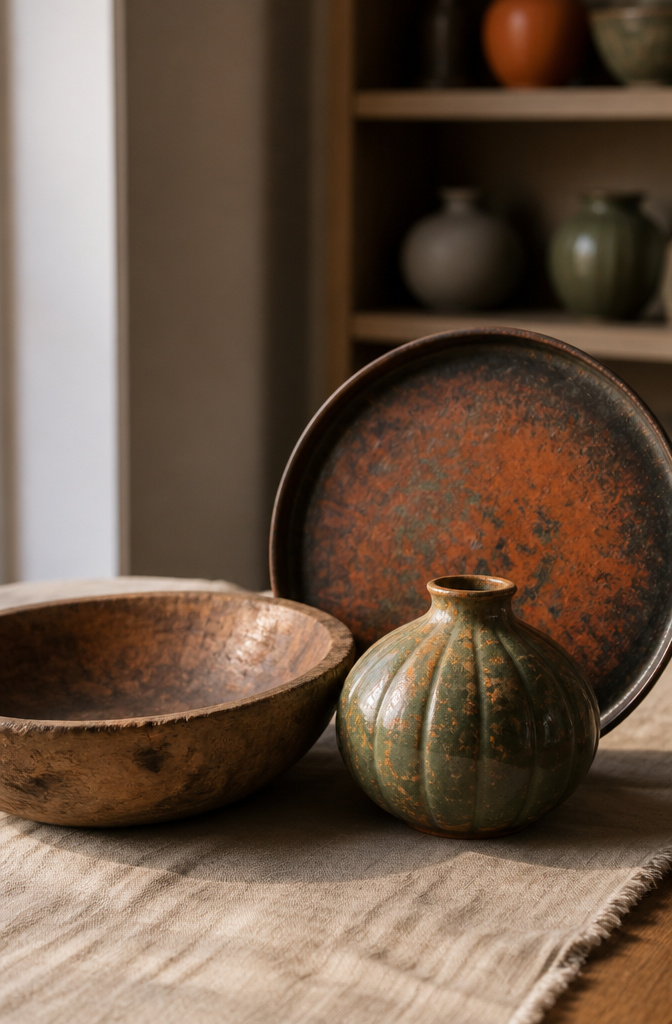 Various metal and wooden pieces arranged as fall decor from thrift stores.