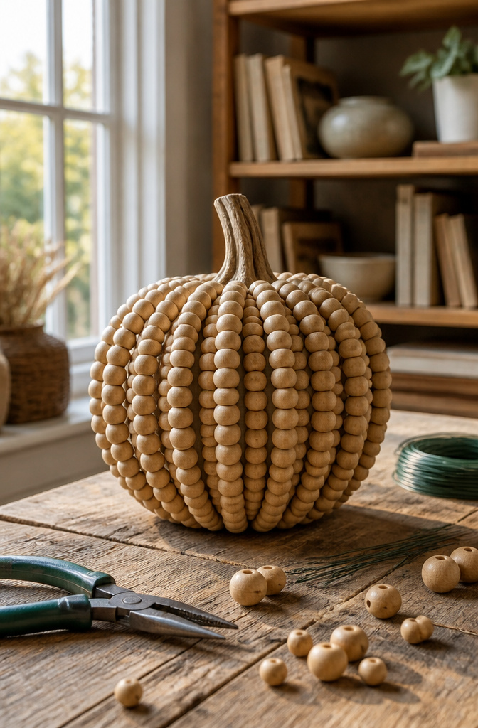 A pumpkin made of wooden beads on a rustic table with crafting tools.