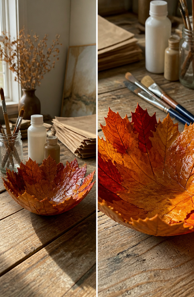 A leaf bowl created with dried maple leaves and Mod Podge.
