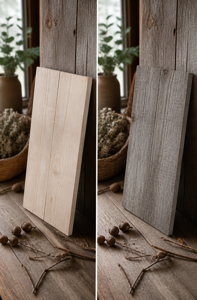 A wooden sign stained with vinegar and steel wool, showing a rustic finish.