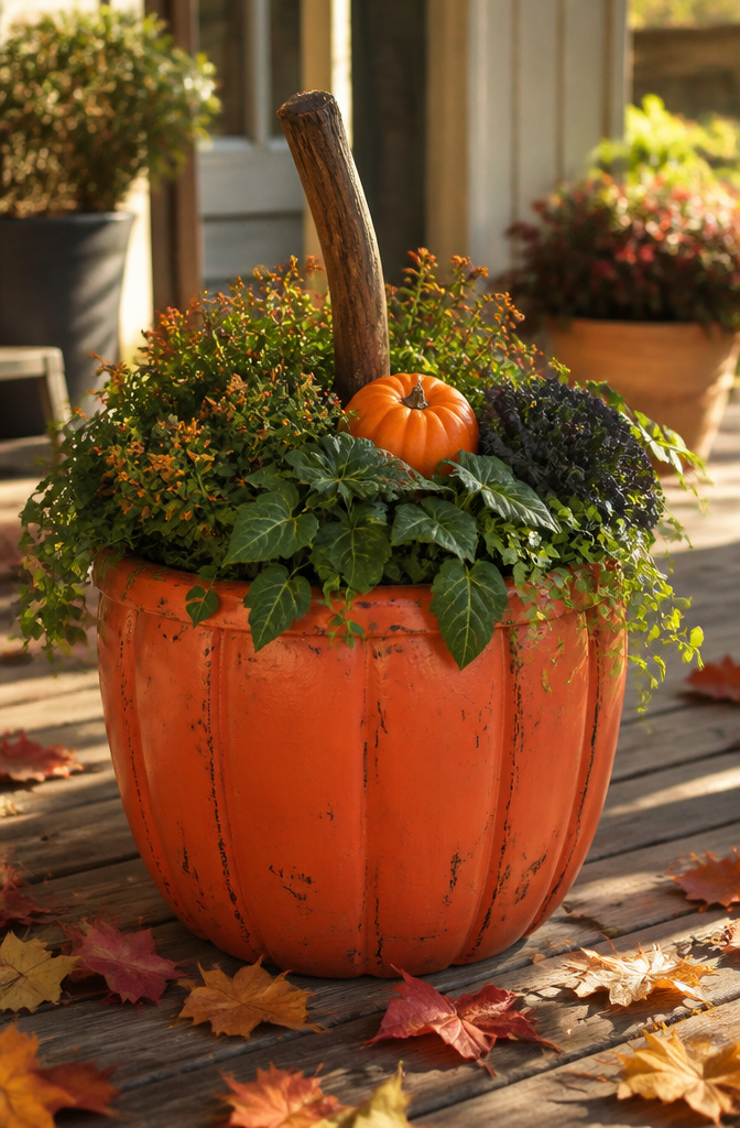 A painted galvanized bucket designed to resemble a pumpkin on a porch.