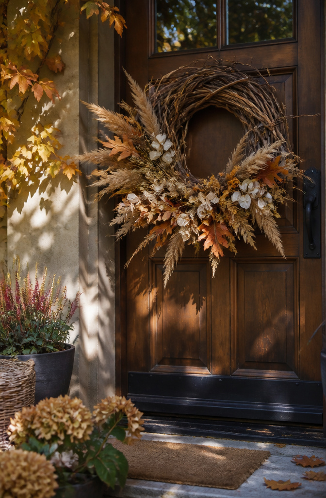 A grapevine wreath decorated with dried grass, leaves, and pods.