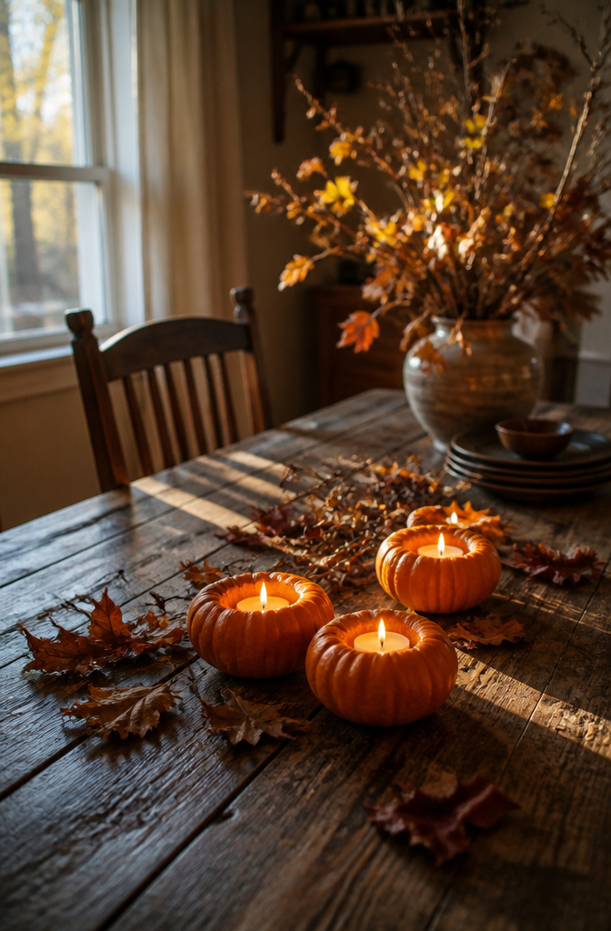 Three mini pumpkins with tea lights arranged on a rustic wooden table.
