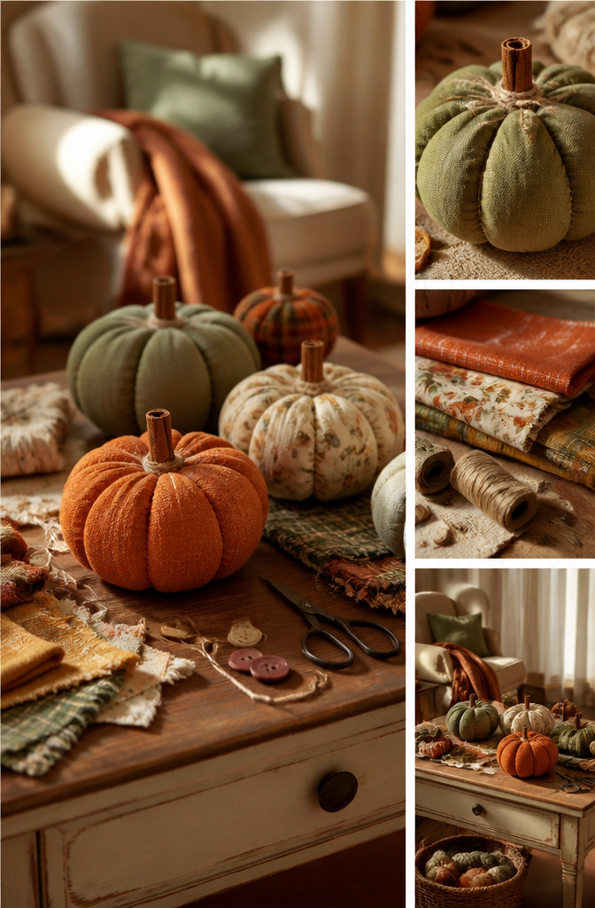 Two fabric pumpkins made from various textiles on a kitchen table.