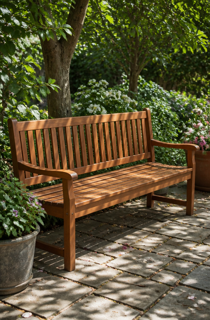 Acacia wood bench in a garden with colorful flowers.
