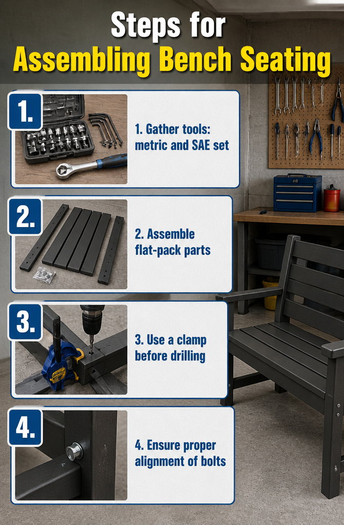 Step-by-step instructions for assembling bench seating.