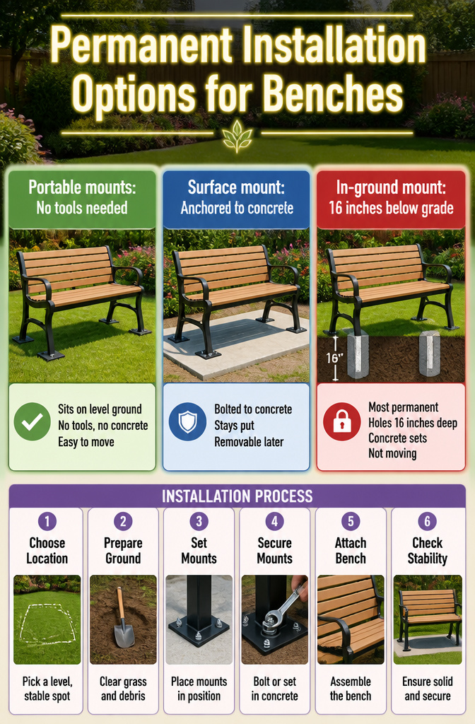 Illustration showing different methods for mounting benches.
