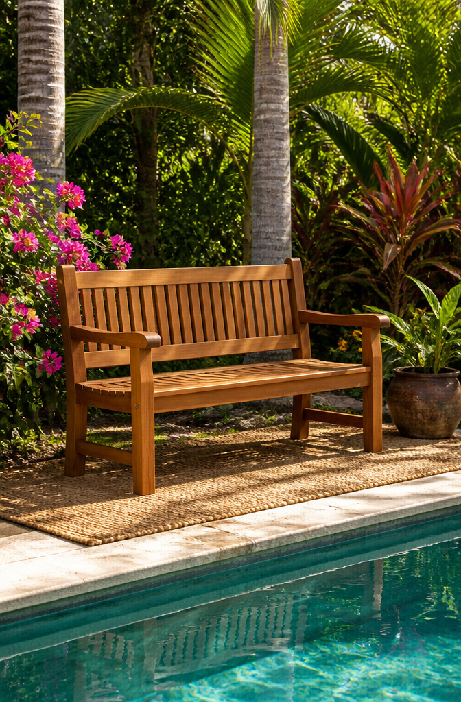 Teak wood bench near a swimming pool with tropical plants.