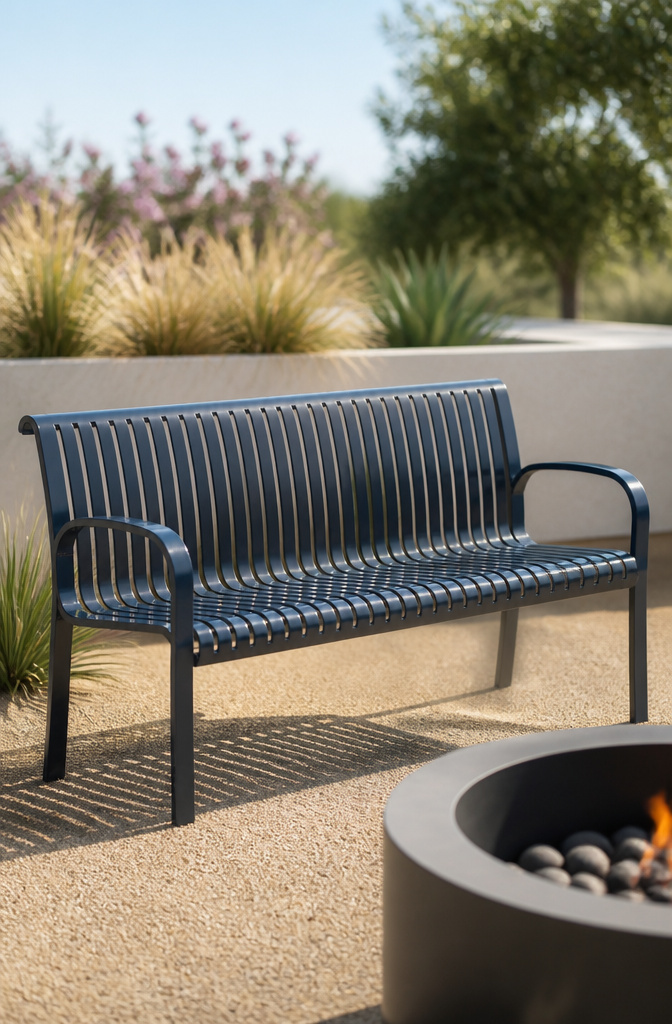 Lightweight aluminum bench on a patio.