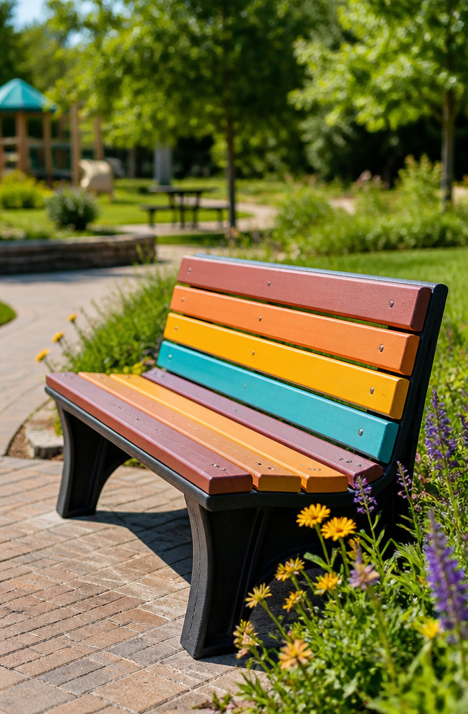 Recycled plastic bench set in an outdoor space.