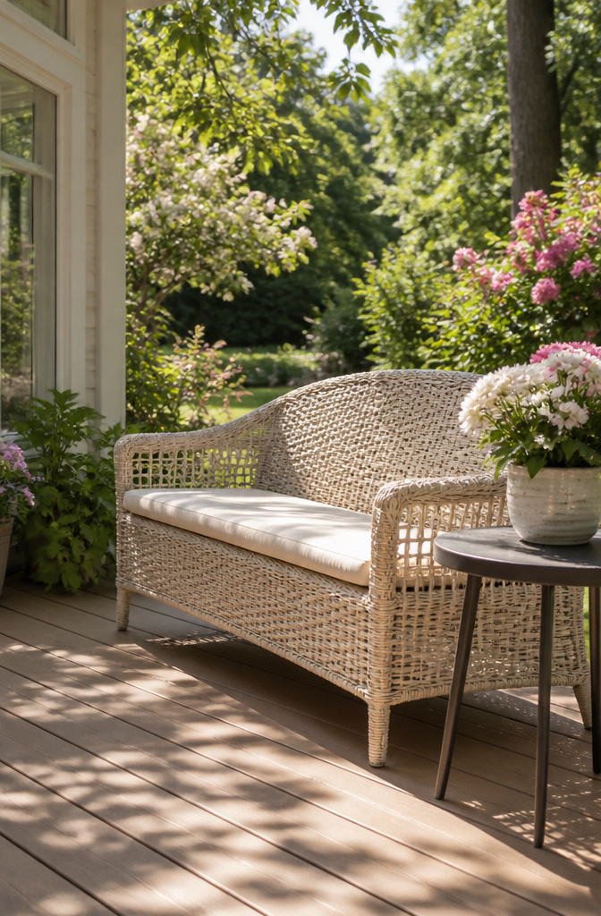 Wicker bench on a sunlit deck surrounded by flowers.