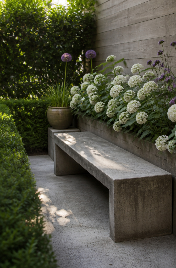 Backless concrete bench in a garden with hedges.