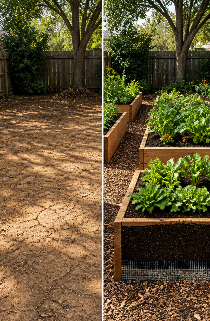 A raised garden bed filled with soil and surrounded by plants.