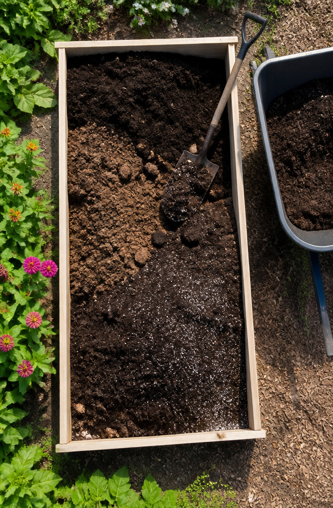 Soil being prepared for filling a raised garden bed.