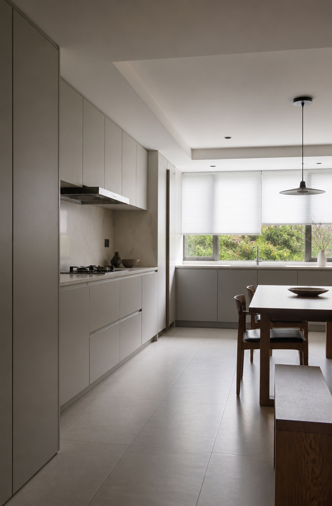 Modern minimalist kitchen with flat-panel cabinets and a sintered stone countertop.