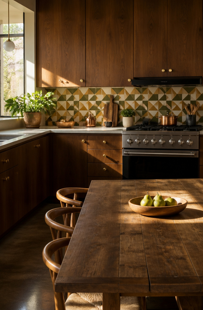 Mid-century modern kitchen showcasing teak cabinets and geometric tile.