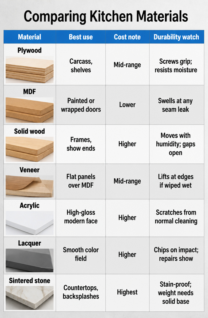Chart comparing kitchen materials and their durability for cabinetry.