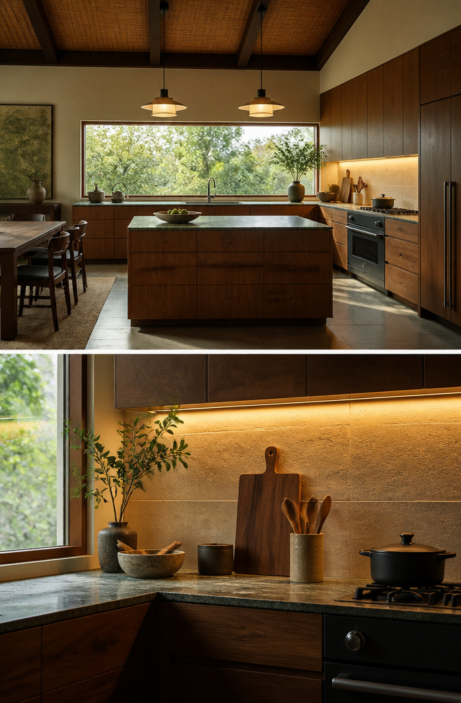Kitchen lighting setup with pendant and under-cabinet lights.