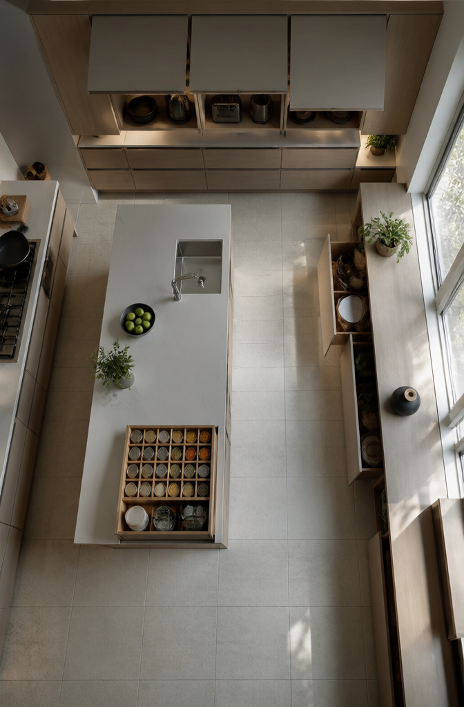 Built-in cabinets designed to minimize clutter in a kitchen.