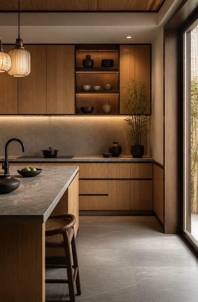 Modern Chinese Zen kitchen featuring bamboo veneer cabinetry and muted lighting.
