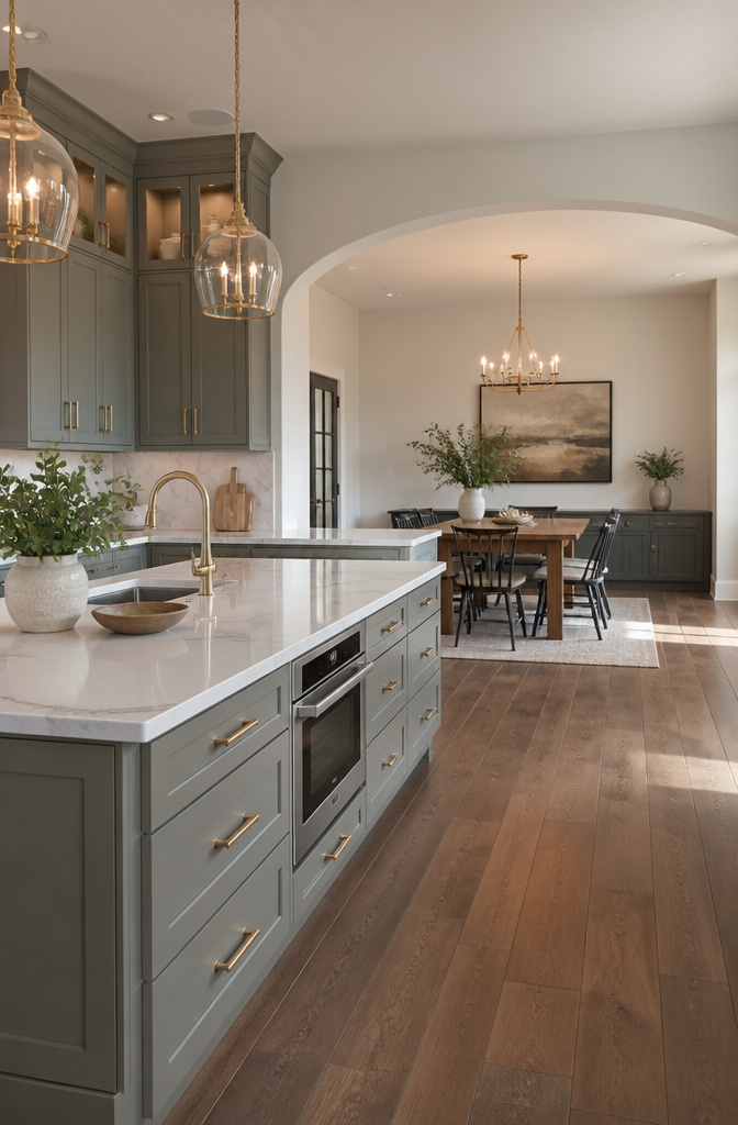 Light luxury kitchen showcasing brushed gold hardware and quartz countertops.