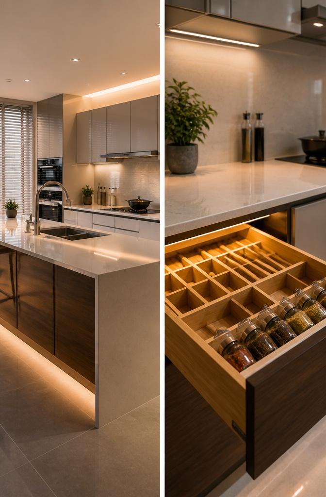 Tech-integrated kitchen featuring a motion-sensor faucet and under-cabinet lighting.