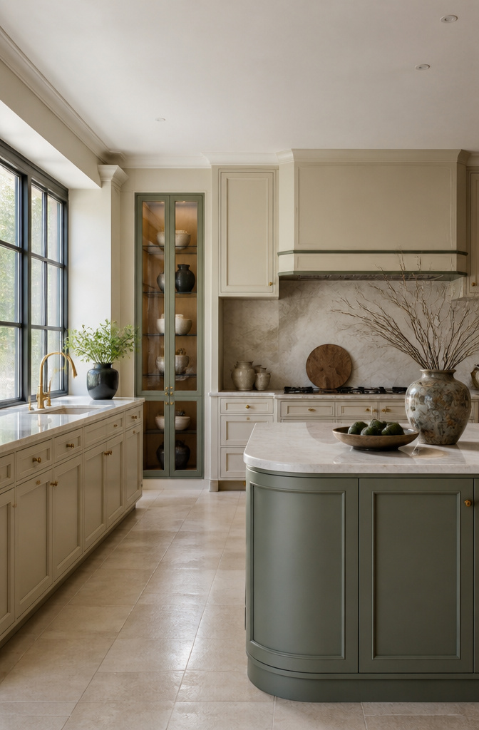 French-inspired kitchen featuring soft cabinetry and muted tones.