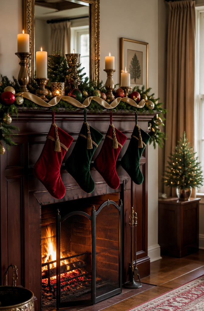 Classic mantel decorated with stockings and candles.