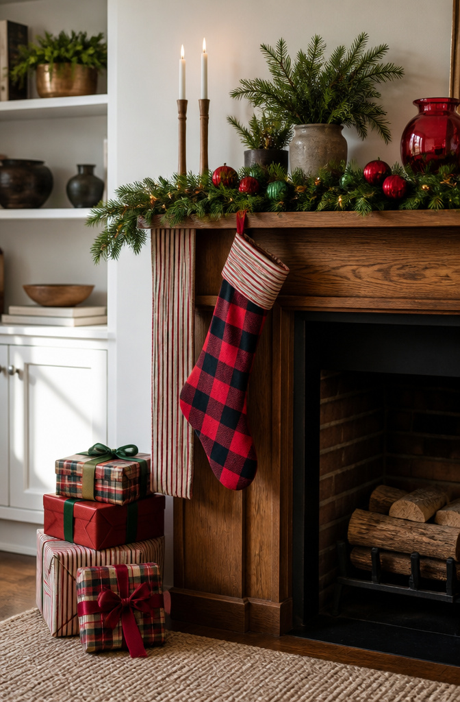 Mantel displaying patterned stockings and decorations.