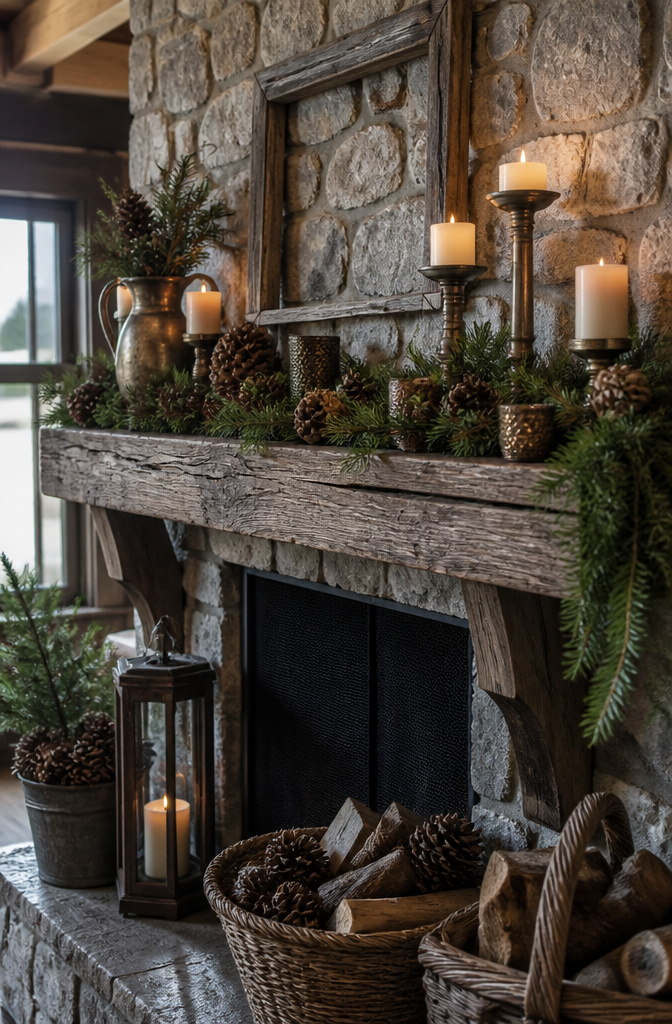 Mantel decorated with rustic materials and pinecones.