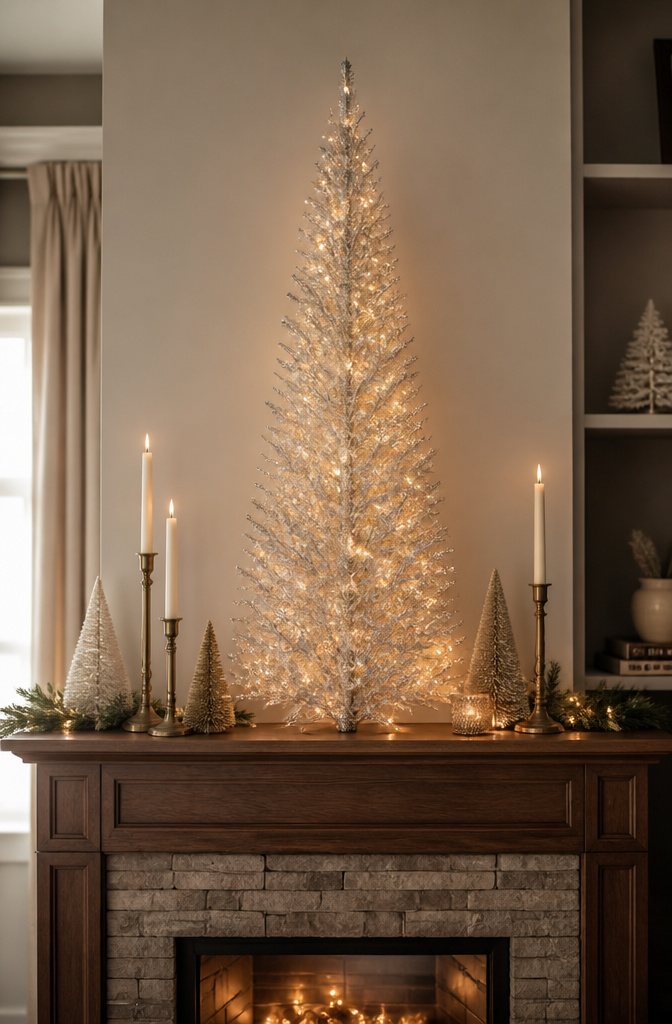 Mantel featuring a silver light-up tree and garland.