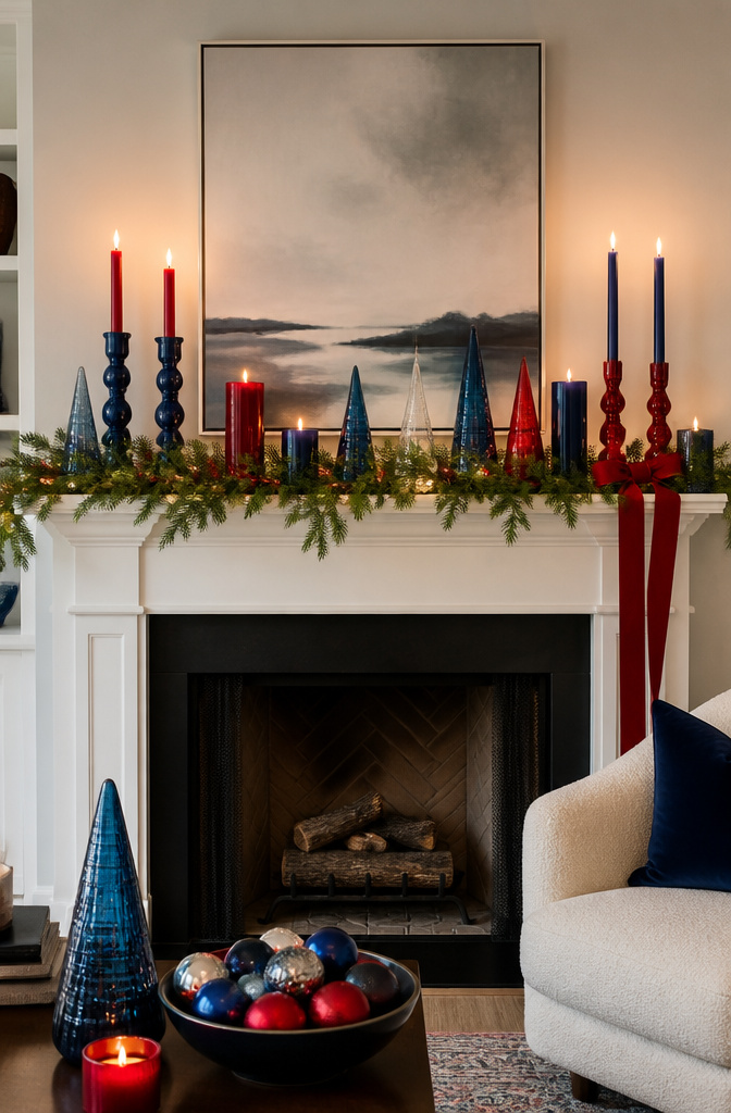 Mantel arranged with colorful decorations and candleholders.