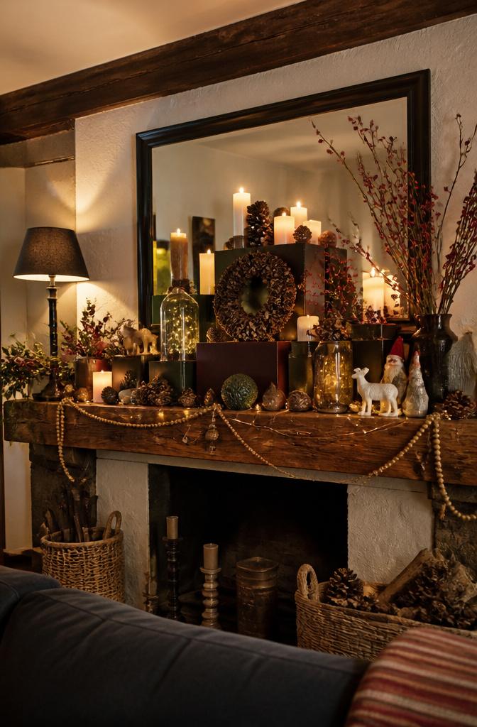 Colorful mantel display with various decorative items and a mirror.